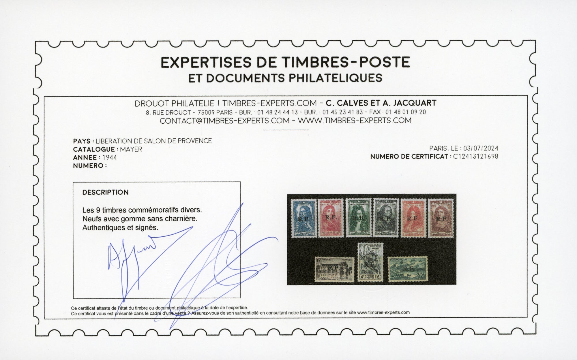 Libération de Salon de Provence - la série des 9 timbres commémoratifs - neufs** - SUP - signés et avec certificat papier Calves