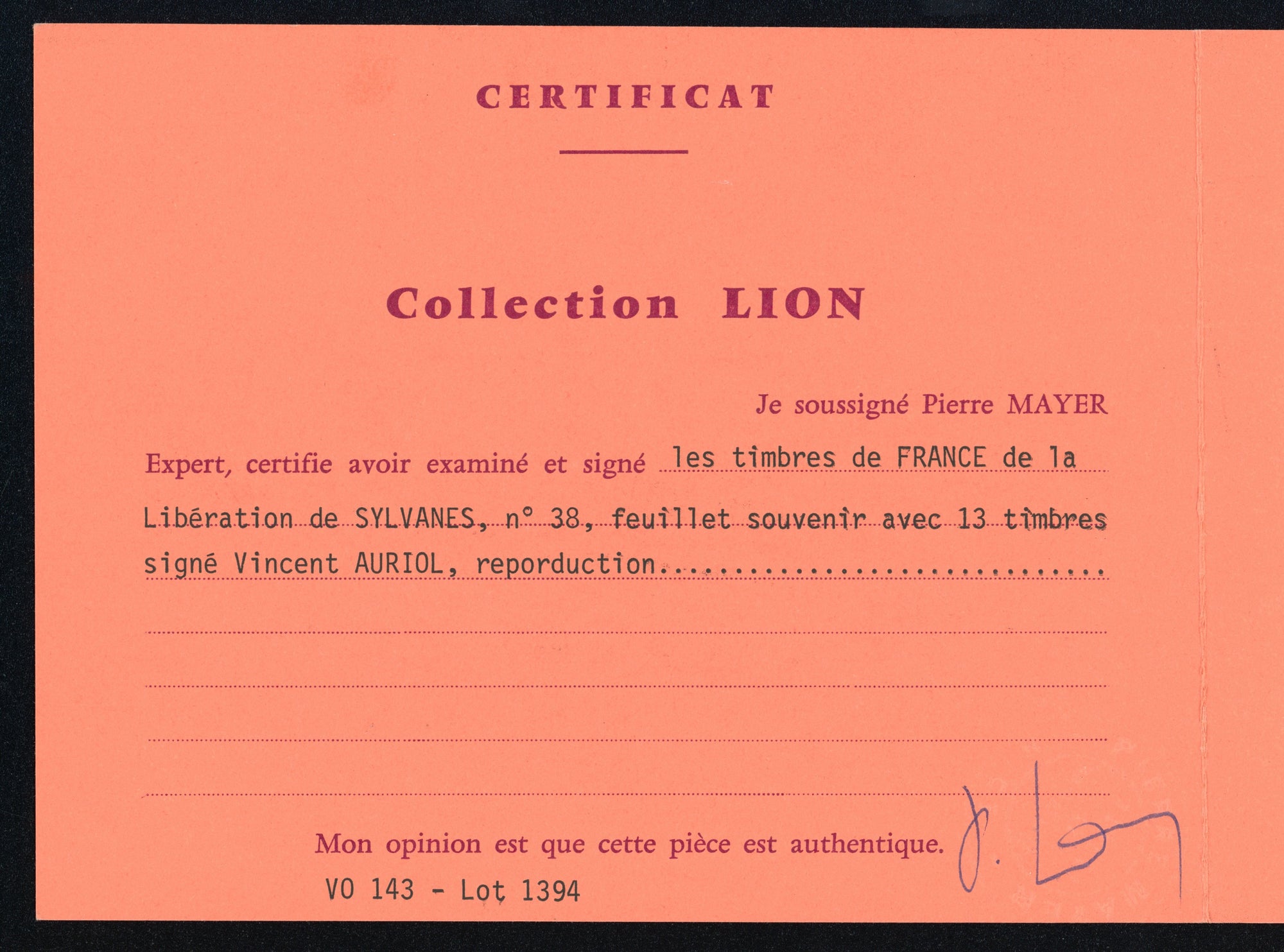 Libération de Sylvanes les Bains n°40 - feuillet-souvenir avec 13 timbres - TB - signé Mayer et avec certificats papier Calves, Mayer et Feldman