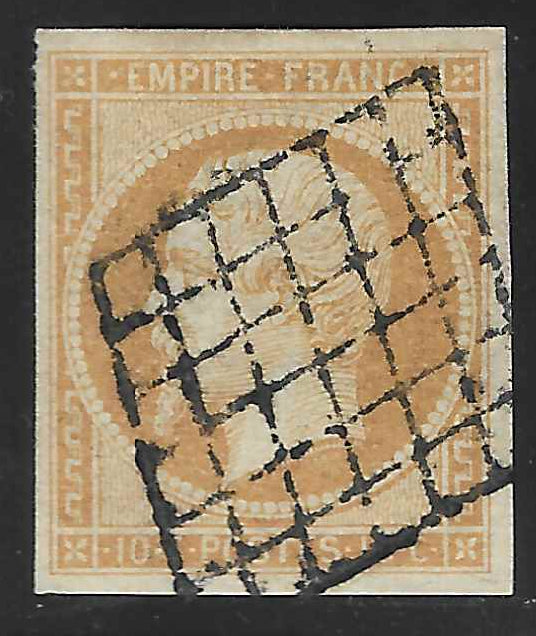 N°13A - Empire - 10 c. bistre type I - oblitéré grille - TB - signé Calves