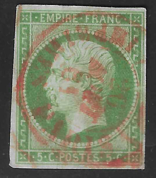 N°12 - Empire - 5 c. vert - oblitéré cachet à date rouge des imprimés - TB - signé Calves