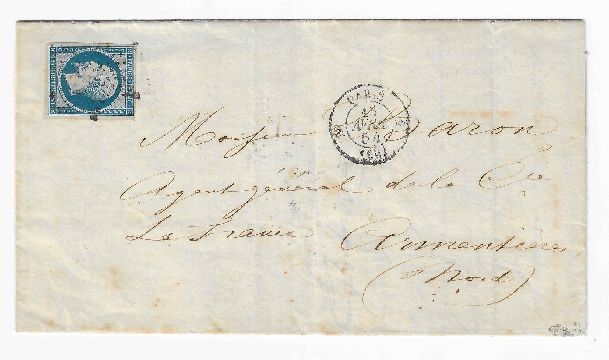 N°15 - Empire - 25 c. bleu - oblitéré sur lettre - signé et avec certificat Calves