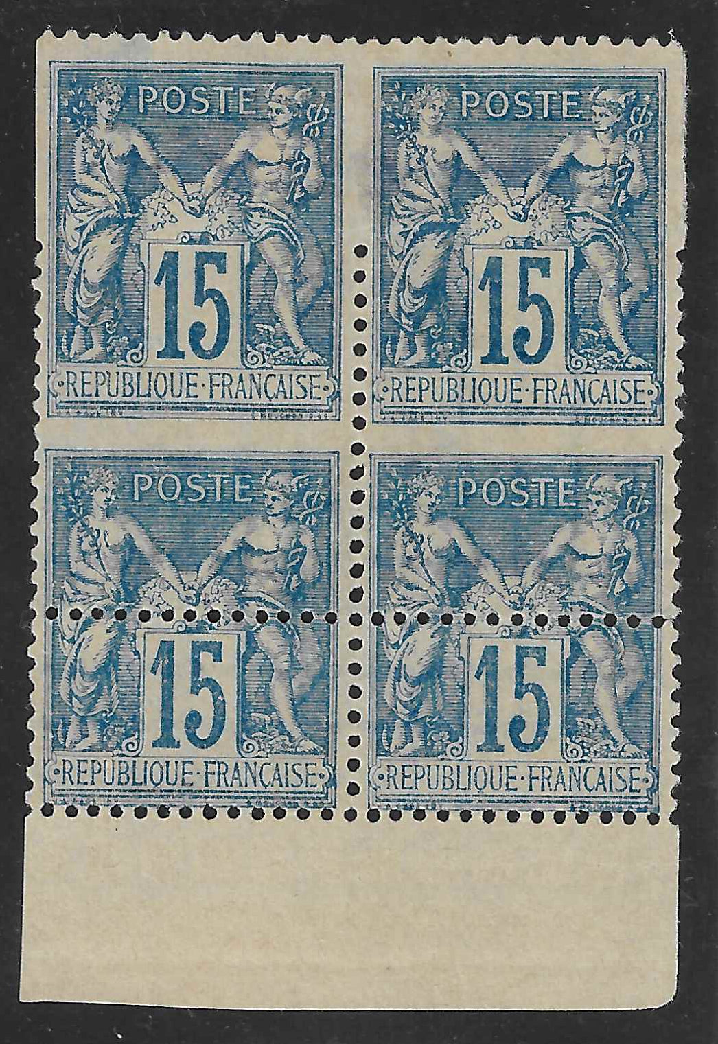 N°YT 101 - Type Sage - 15 c. bleu (II) - bloc de 4 exemplaires avec variété de piquage - NSG - signé Calves