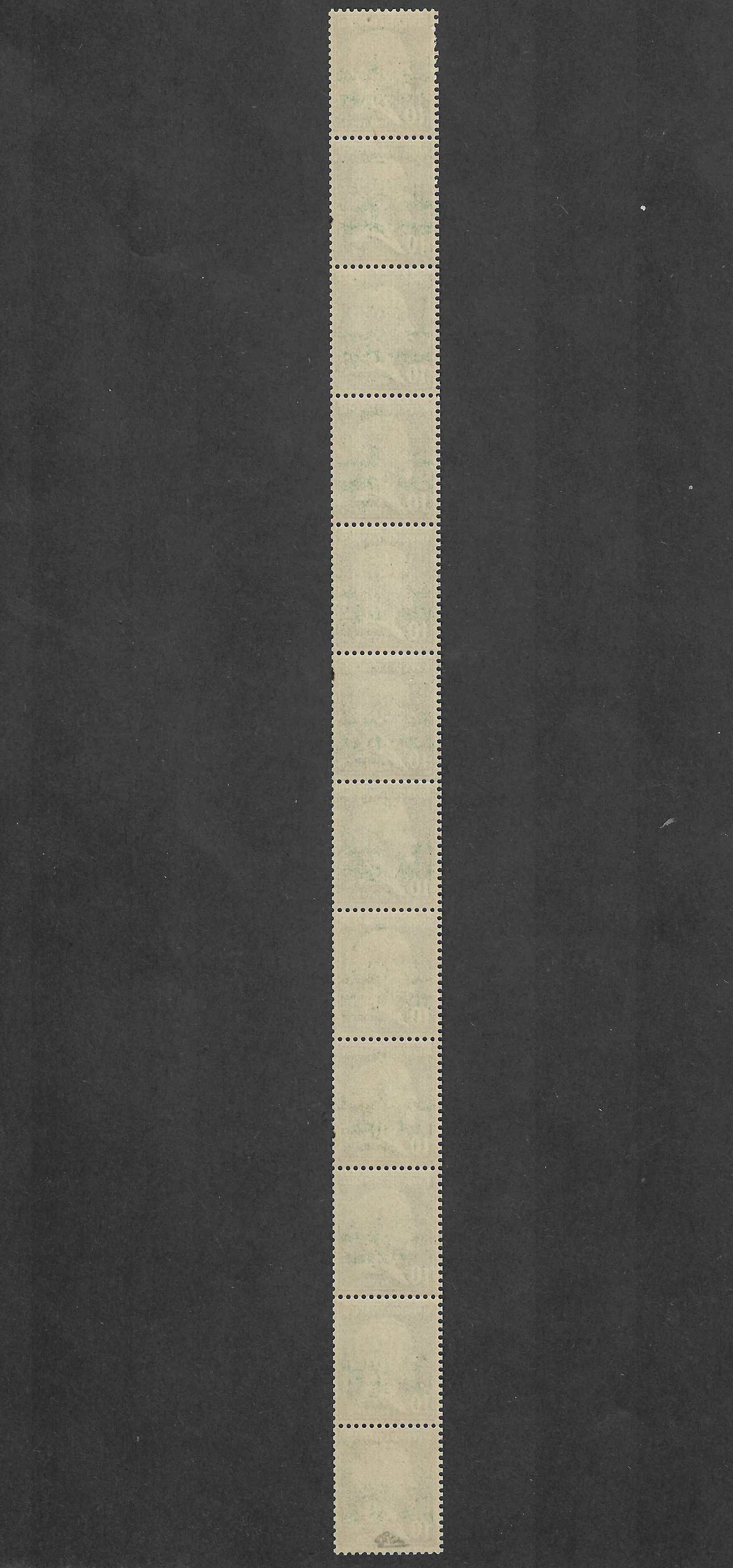 Roulette n° 9 - Pasteur 10 c. vert - bande de 12 exemplaires - neuve** - TB - signée Calves