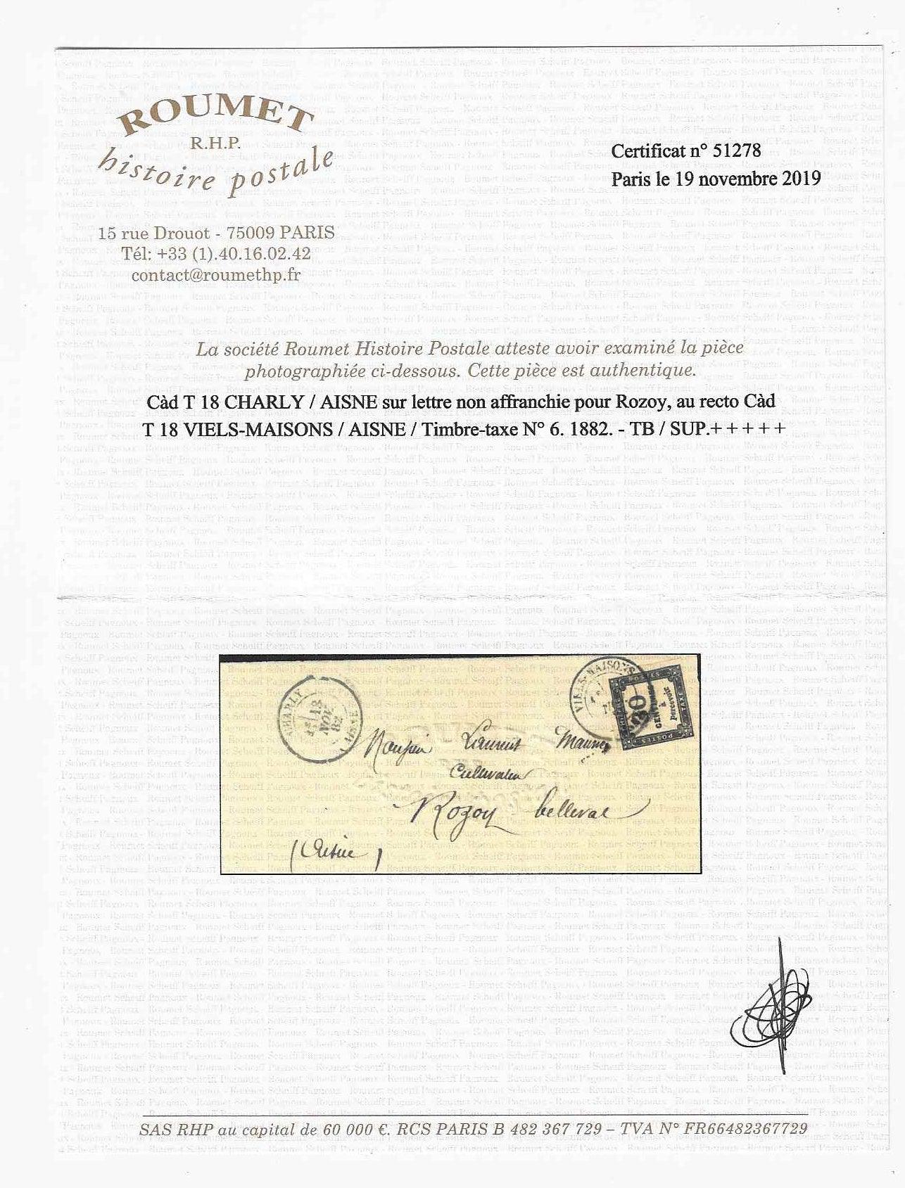 Taxe n° 6 - 30 c. noir - sur lettre - SUP - signée Calves et avec certificat papier Roumet H.P.