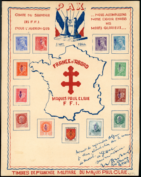 Libération de Sylvanes les Bains n°40 - feuillet-souvenir avec 13 timbres - TB - signé Mayer et avec certificats papier Calves, Mayer et Feldman